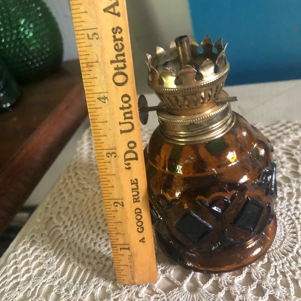 Vintage Small Amber Glass Hurricane Oil Lamp